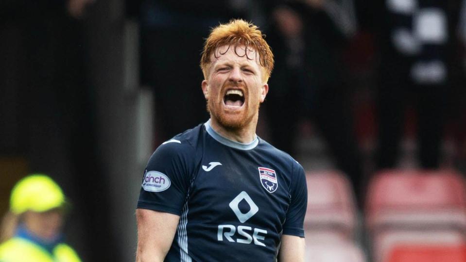 Ross County's Simon Murray celebrates after a cinch Premiership match between Ross County and Hibernian at the Global Energy Stadium