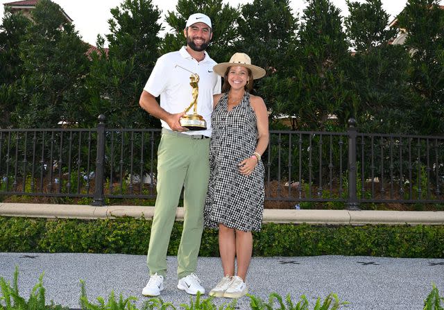 <p>Ben Jared/PGA TOUR via Getty</p> Scottie Scheffler and his wife Meredith on March 17, 2024 in Ponte Vedra Beach, Florida.
