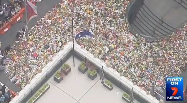 The sea of flowers left in Martin Place after the siege. Photo: 7 News