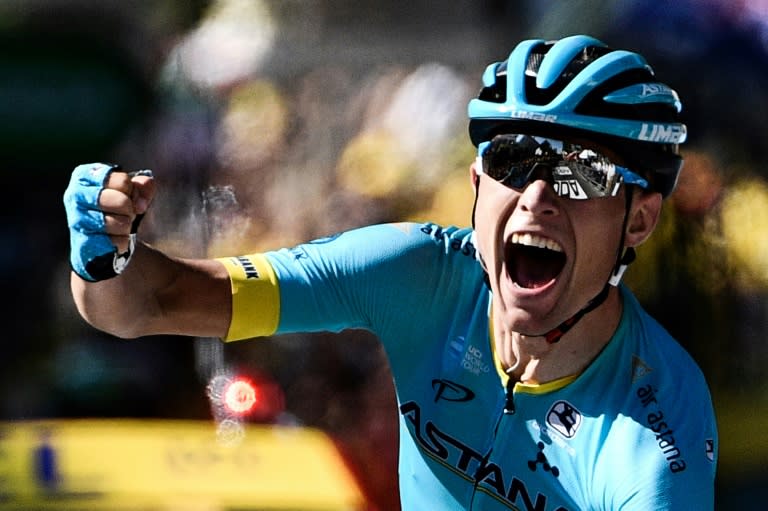 Denmark's Magnus Cort Nielsen celebrates after claiming his maiden Tour de France win, on stage 15, on his race debut