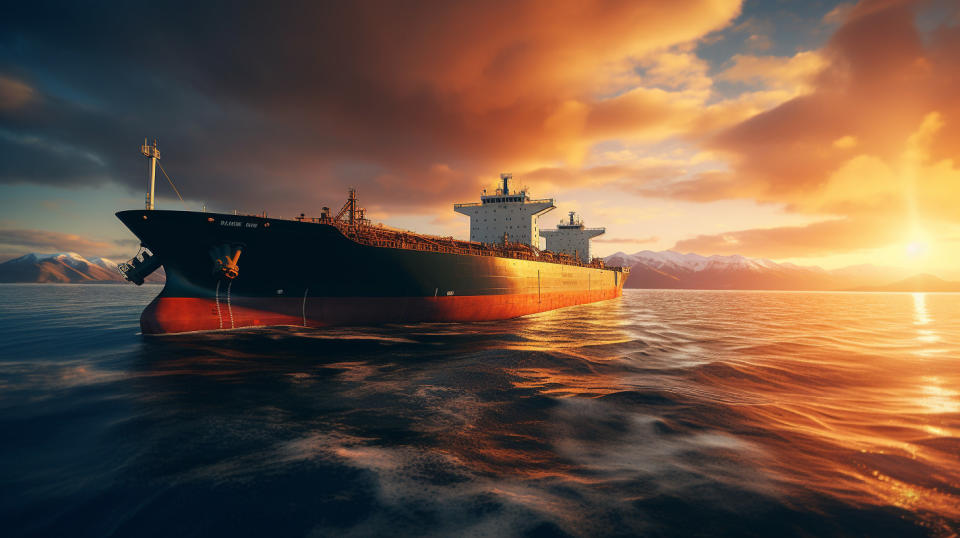 A large crude oil tanker navigating through calm ocean waters.