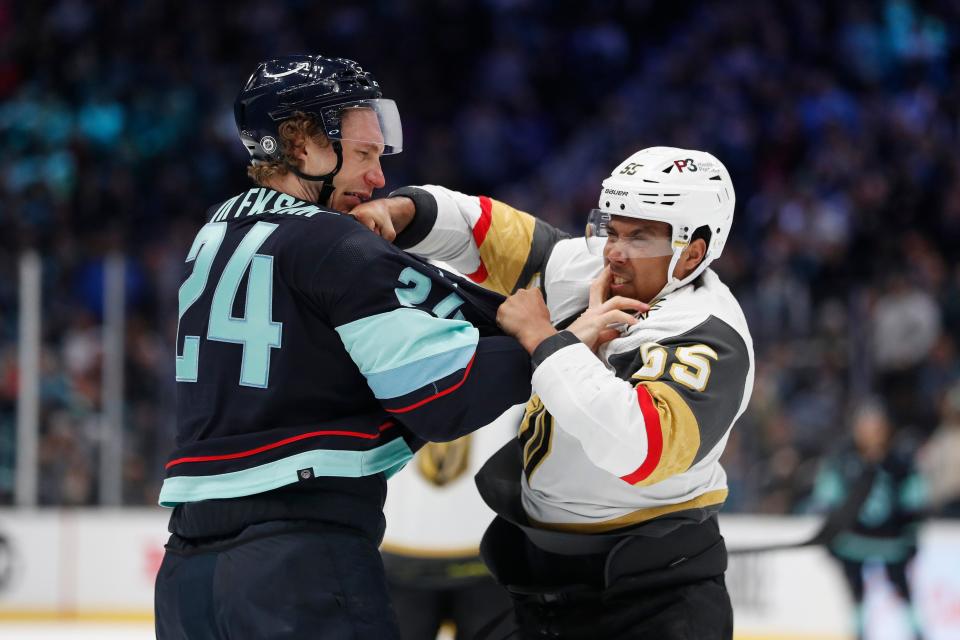 March 30: Seattle Kraken' Jamie Oleksiak vs. Vegas Golden Knights' Keegan Kolesar