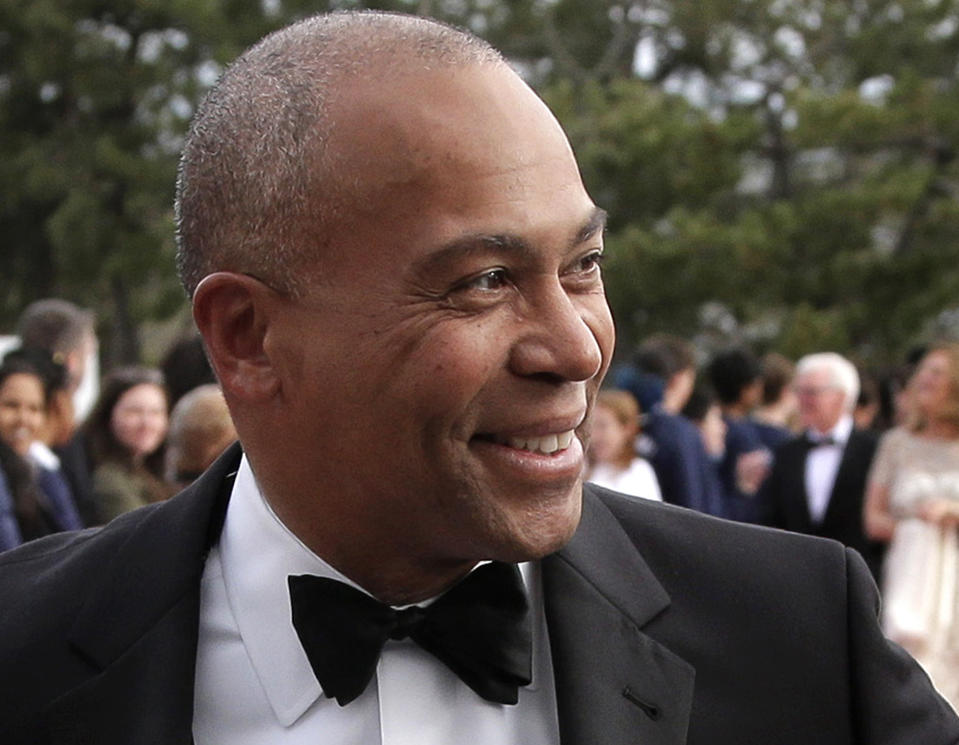 FILE - In this May 7, 2017 file photo, former Massachusetts Gov. Deval Patrick arrives at the John F. Kennedy Presidential Library and Museum in Boston for the 2017 Profile in Courage award ceremony. Former Massachusetts Gov. Deval Patrick is telling allies he plans to seek the Democratic presidential nomination. That’s according to a person with knowledge of his plans who spoke to The Associated Press on condition of anonymity to discuss private conversations. (AP Photo/Steven Senne, File)