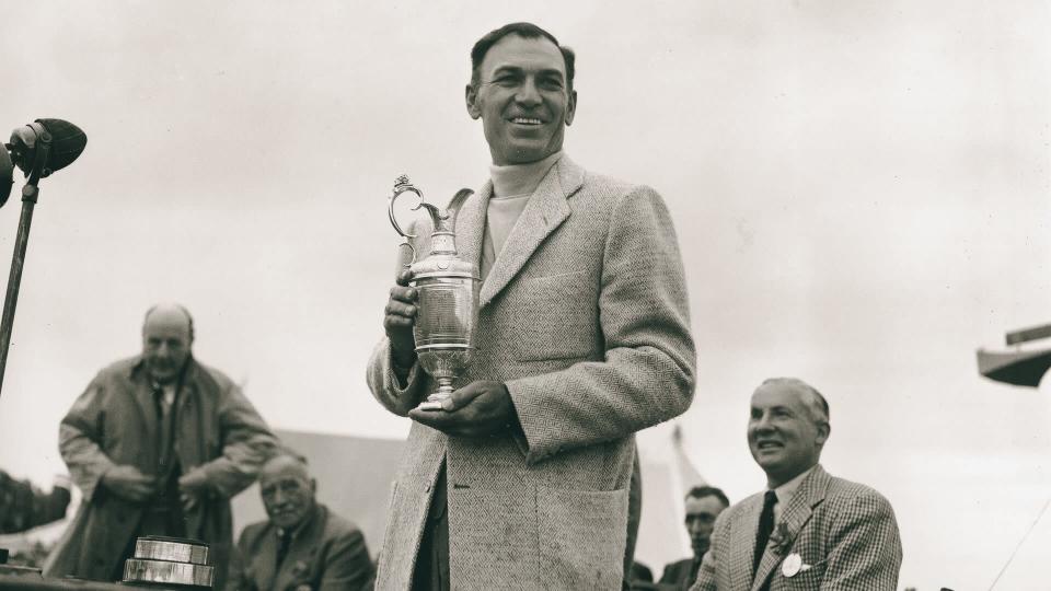 Ben Hogan, of Fort Worth, Texas, holds his trophy after winning the British Open Golf Championship to achieve the Triple Crown at Carnoustie, Scotland, on .