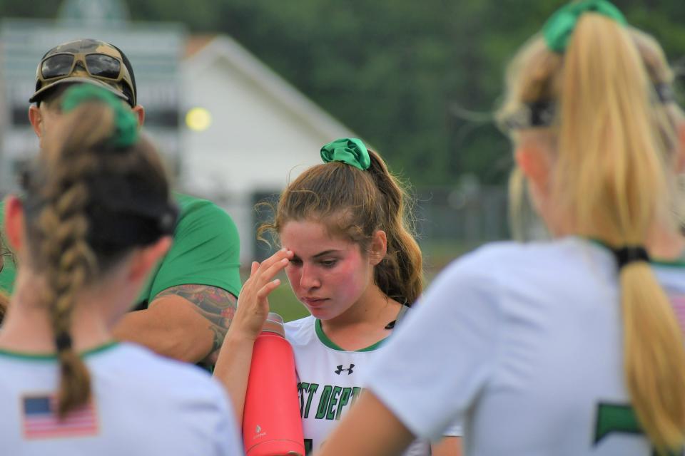 West Deptford senior Amanda Smith takes a moment during halftime against Haddon Heights