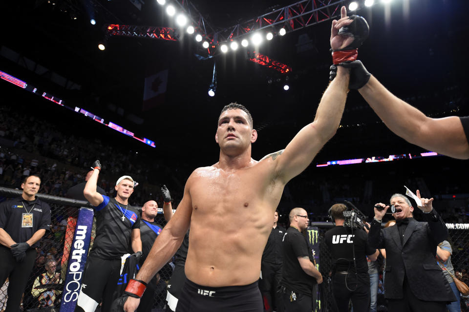 Chris Weidman celebrates after defeating Kelvin Gastelum on July 22, 2017 in Uniondale, New York. (Getty Images)