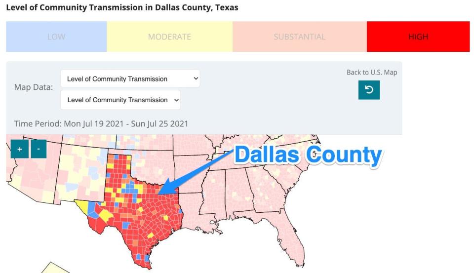 a map of texas color coded in  blue, yellow, orange, and red, showing where COVID transmission is highest