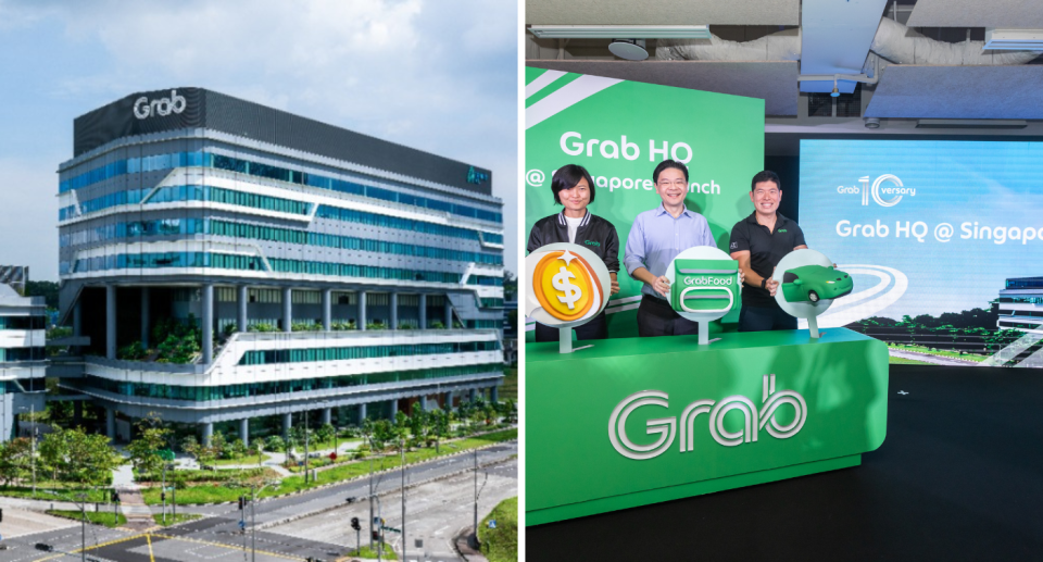 Left image: Grab HQ; right image, from left: Tan Hooi Ling, co-founder of Grab, Deputy Prime Minister and Minister for Finance Lawrence Wong, and Anthony Tan, co-founder and group CEO of Grab. (PHOTO: Grab)
