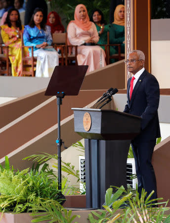 Ibrahim Mohamed Solih speaks after being sworn in as the Maldives new president during the swearing-in ceremony in Male, Maldives November 17, 2018. REUTERS/Ashwa Faheem