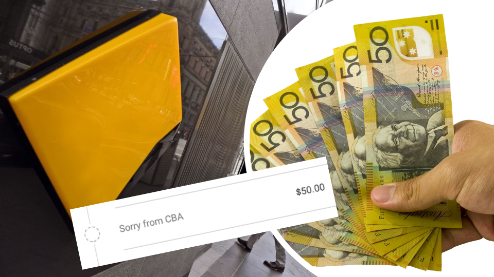 Pictured: Commonwealth Bank logo, Australian $50 notes, CBA's $50 apology transaction. Images: Getty, Twitter