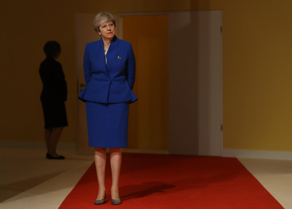 Theresa May dressed in Tory blue for the 2017 G20 Summit in Hamburg, Germany [Photo: Getty]