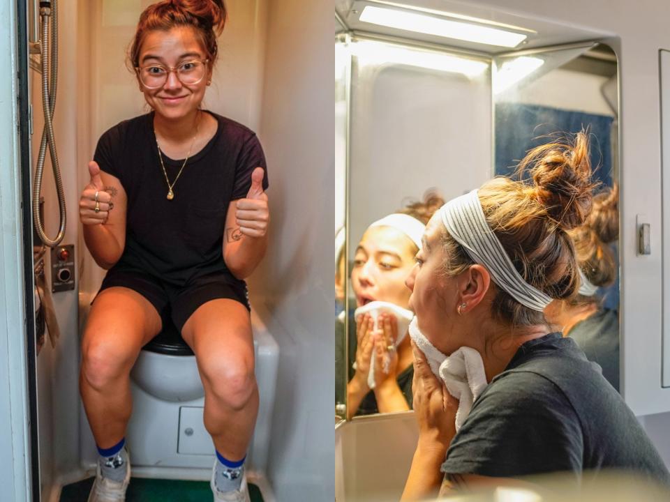 Left: The author gives 2 thumbs up while sitting on a toilet in a train. Right: The author dries her face in front of a mirror.