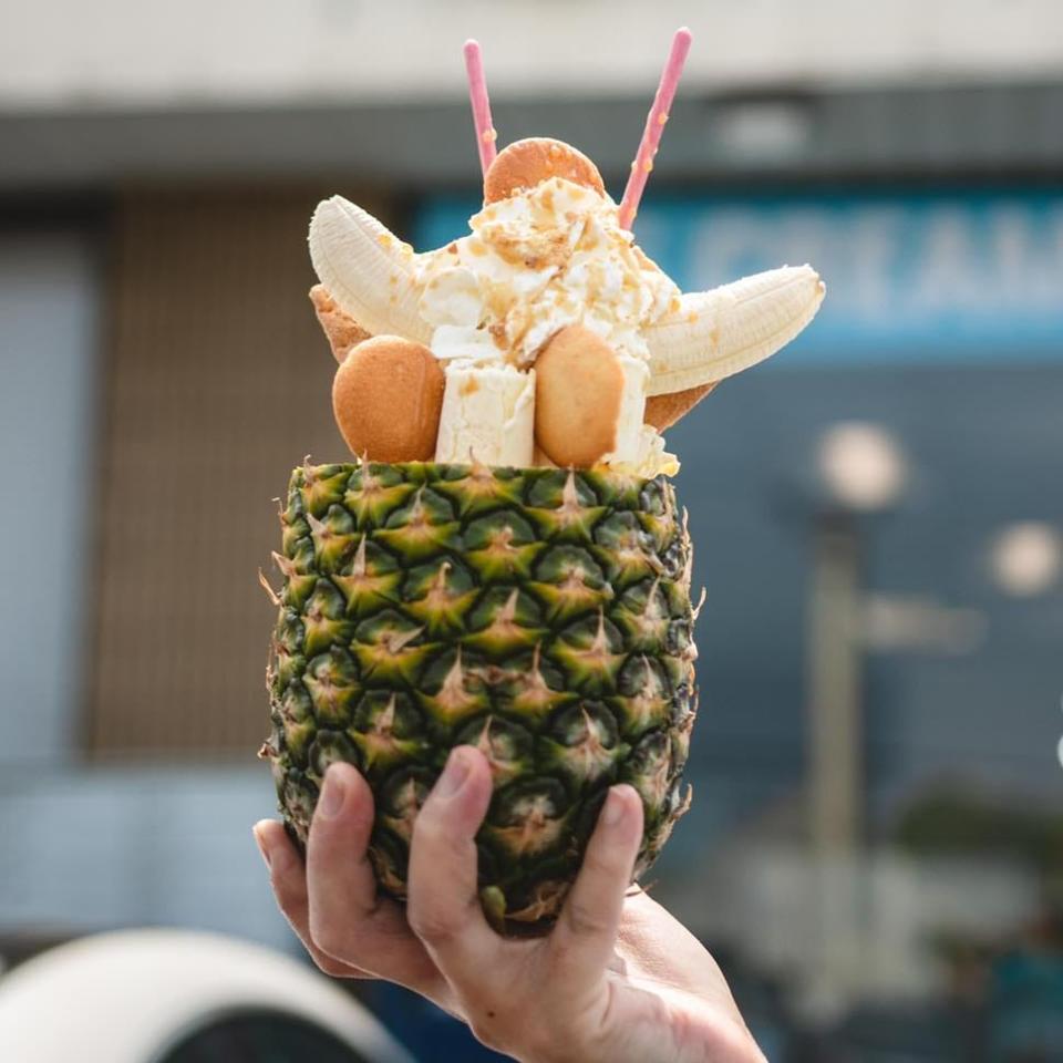 Bananas Over You rolled ice cream treat is served in a pineapple at Ice N Roll in Fall River.