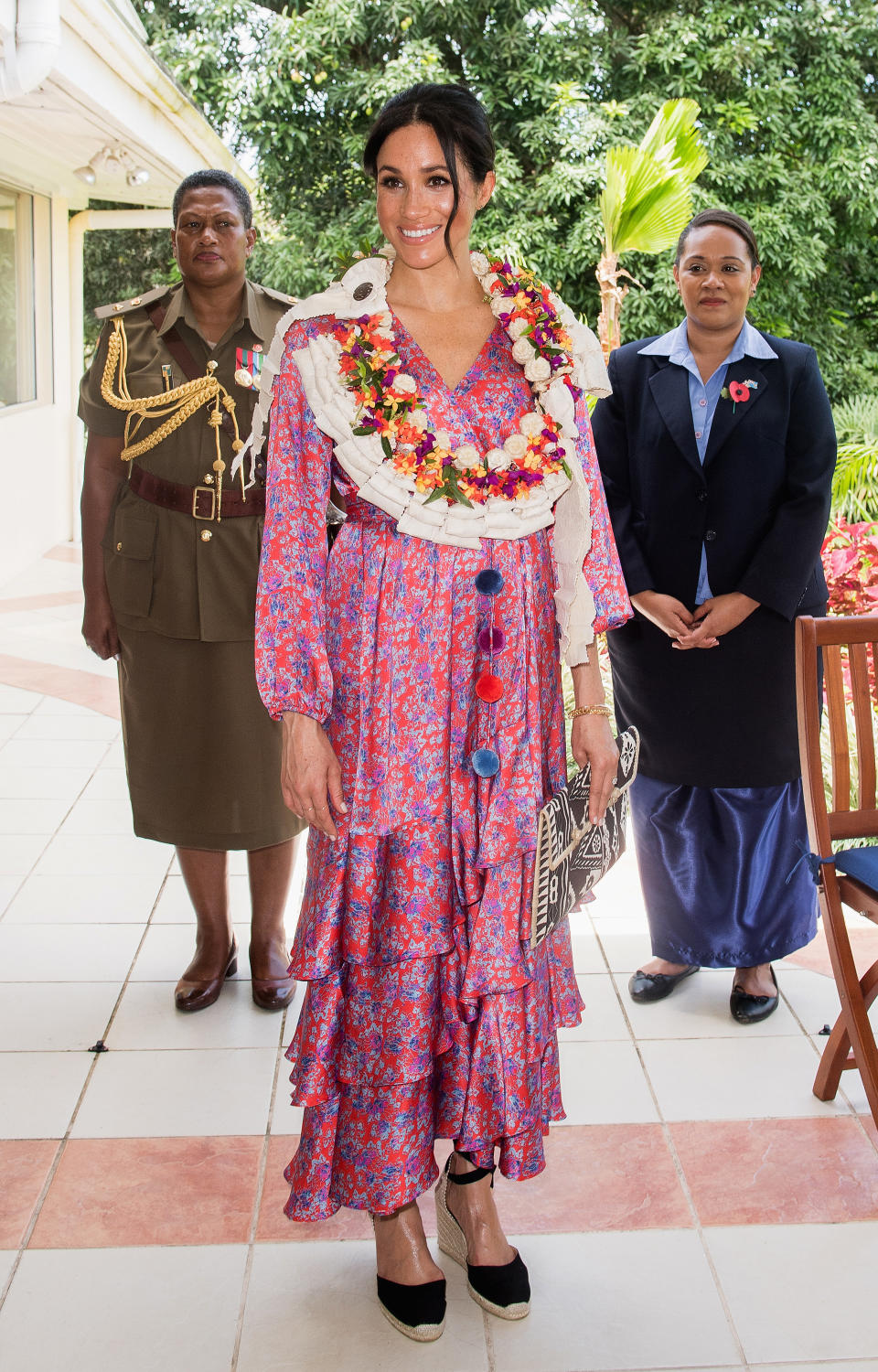 Meghan Markle attended a morning tea reception at the British High Commissioner's Residence in Suva, Fiji, in 2018 wearing the Cassandra wedges. (Getty Images)