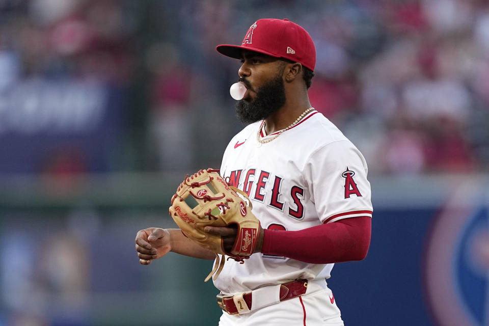 Los Angeles Angels second baseman Luis Rengifo blows a bubble during the first inning of a baseball game against the Cleveland Guardians Friday, May 24, 2024, in Anaheim, Calif. (AP Photo/Mark J. Terrill)