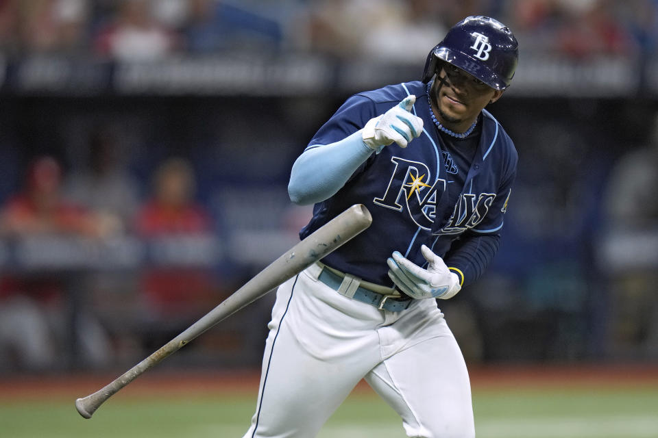 Tampa Bay Rays' Wander Franco reacts after his solo home run off St. Louis Cardinals relief pitcher Drew VerHagen during the seventh inning of a baseball game Wednesday, Aug. 9, 2023, in St. Petersburg, Fla. (AP Photo/Chris O'Meara)