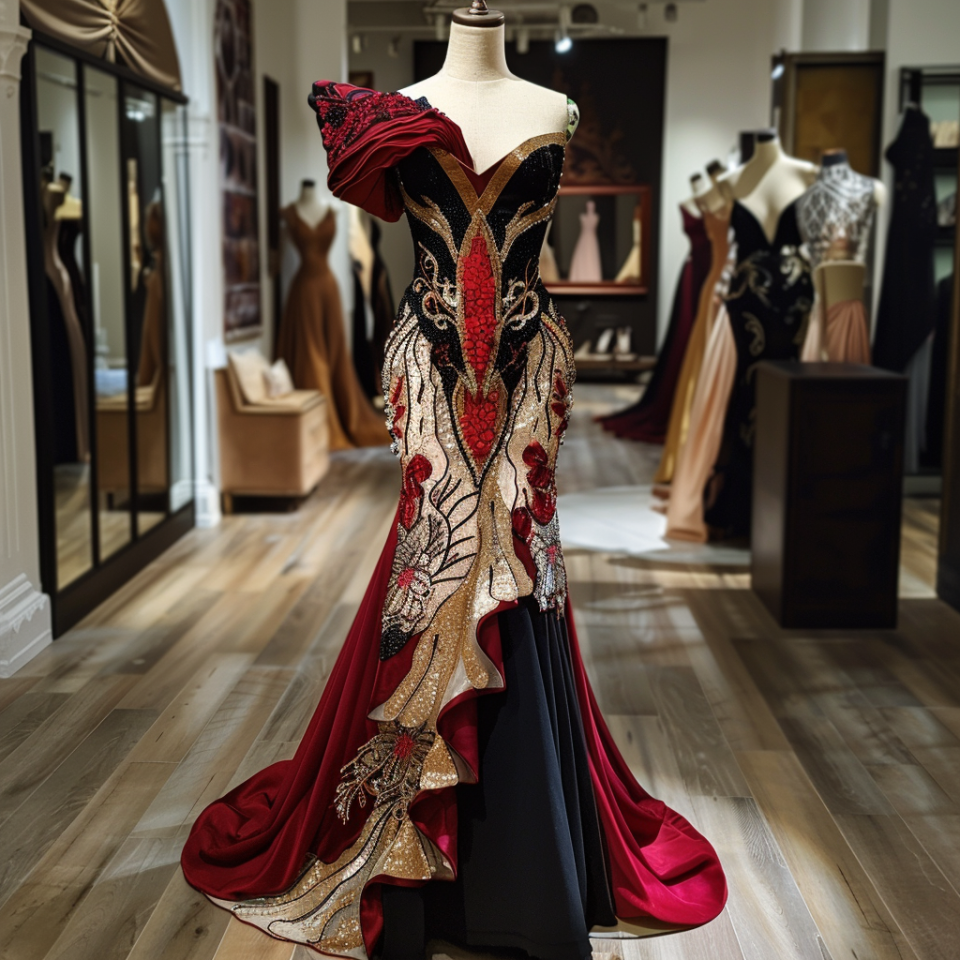Elegant evening gown with intricate beadwork on mannequin, displayed in a boutique setting for style article