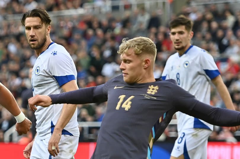 Jarrad Branthwaite makes a tackle during England vs Serbia.