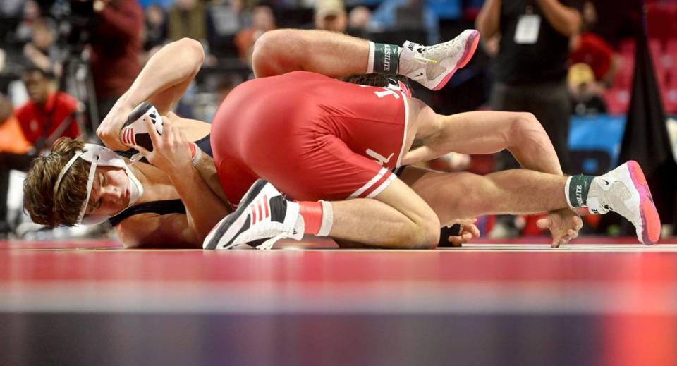 Penn State’s Tyler Kasak wrestles Nebraska’s Ridge Lovett in a 149 lb semifinal bout of the Big Ten Wresting Championships at the Xfinity Center at the University of Maryland on Saturday, March 9, 2024. Abby Drey/adrey@centredaily.com