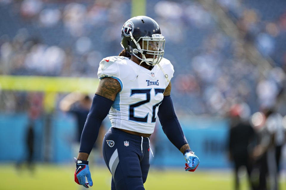 NASHVILLE, TENNESSEE - SEPTEMBER 12: Derrick Henry #22 of the Tennessee Titans warms up prior to the game against the Arizona Cardinals at Nissan Stadium on September 12, 2021 in Nashville, Tennessee. The Cardinals defeated the Titans 38-13.  (Photo by Wesley Hitt/Getty Images)