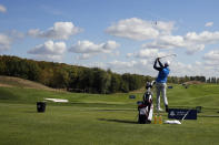 European Ryder cup player Henrik Stenson practices in Guyancourt, outside Paris, France, Monday, Sept. 24, 2018. The 42nd Ryder Cup Matches will be held in France from Sept. 28-30, 2018, at the Albatros Course of Le Golf National. (AP Photo/Francois Mori)