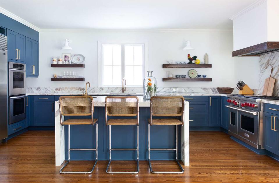 blue and white modern kitchen in houston home