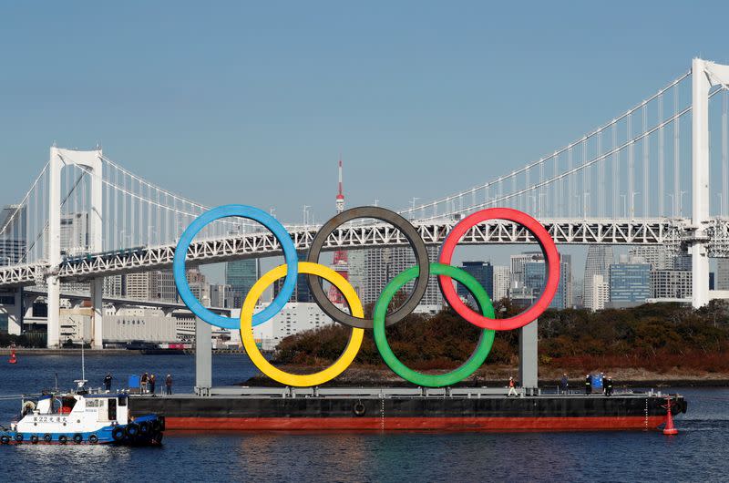 Olympic rings reinstallation at the waterfront area at Odaiba Marine Park in Tokyo