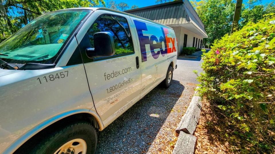 A lone FedEx truck sits at the Hunter Road facility where a sign on the door of the FedEx Shipping Center notes the facility was permanently closed on March 8, 2024, on Hilton Head Island. The nearest FedEx Express facilities are in Savannah.