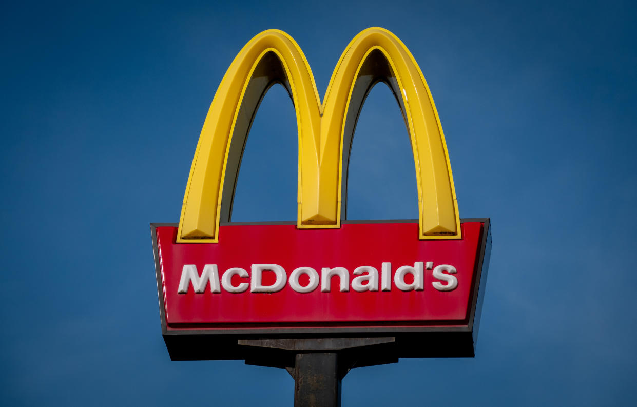 SEDGEMOOR, UNITED KINGDOM - FEBRUARY 25: The Golden Arches and Drive Thru logo of the fast food restaurant McDonald's at the Sedgemoor Services on the M5 motorway, on February 25, 2024 in Bristol, England. Founded in 1940, American multinational fast food chain McDonald's Corporation, best known for its Big Mac hamburgers, cheeseburgers and French fries, is the world's largest fast food restaurant chain.  (Photo by Matt Cardy/Getty Images)