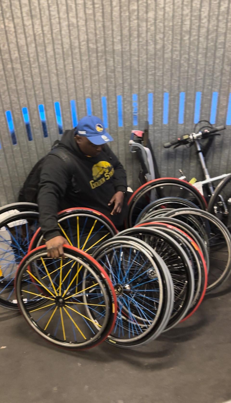 Dismantled wheelchair wheels on the jet bridge in Richmond.