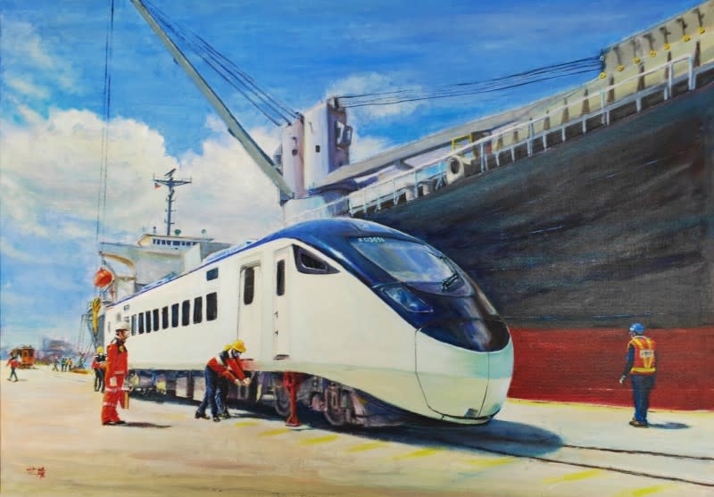 20220727-台鐵鐵路風光繪師陳世雄在退休前的最後作品中，記錄EMU3000號新車到港的風景。（陳世雄提供）