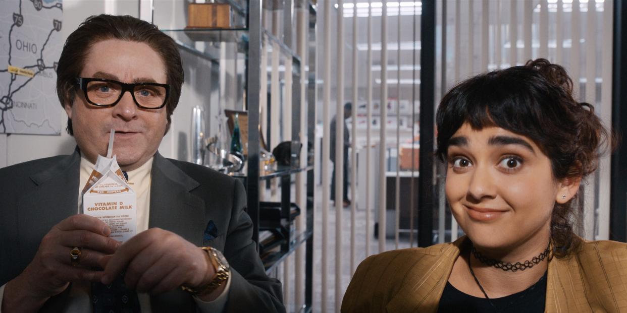 Zach Galifianakis and Geraldine Viswanathan as Ty Warner and Maya in "The Beanie Bubble."