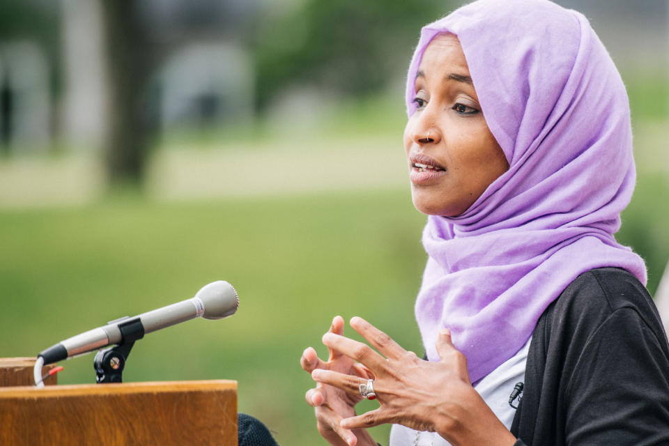 Rep. Ilhan Omar (D-Minn.) speaks at a press conference in St. Paul, Minnesota, on Tuesday. Her outspoken progressive style has won her both passionate supporters and enemies. (Photo: Brandon Bell/Getty Images)