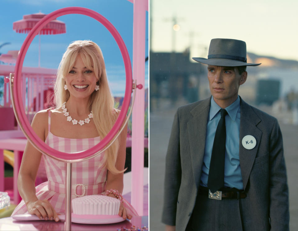 This combination of images shows Margot Robbie in a scene from "Barbie," left, and Cillian Murphy in a scene from "Oppenheimer." (Warner Bros Pictures/Universal Pictures via AP)