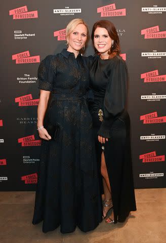 <p>Dave Benett/Getty </p> Zara Tindall and Princess Eugenie of York attend The Anti Slavery Collective's inaugural Winter Gala on Nov. 29.