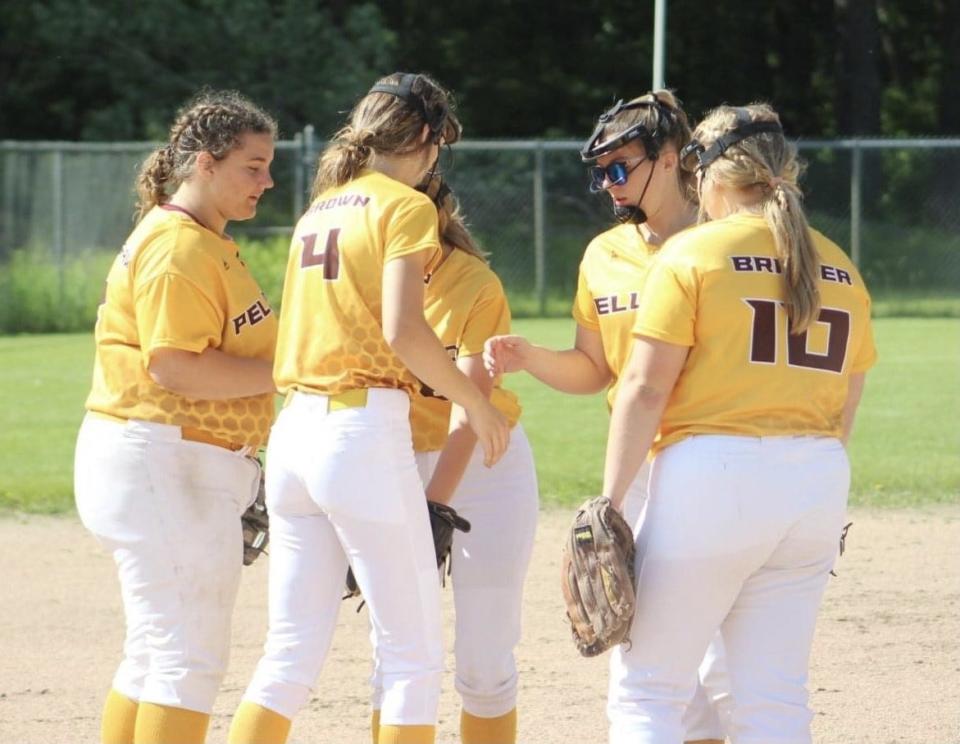 Pellston softball players have a meeting on the mound during a Division 4 regional semifinal clash against Hillman on Saturday. The Hornets came up short in an 8-1 loss to the Tigers.