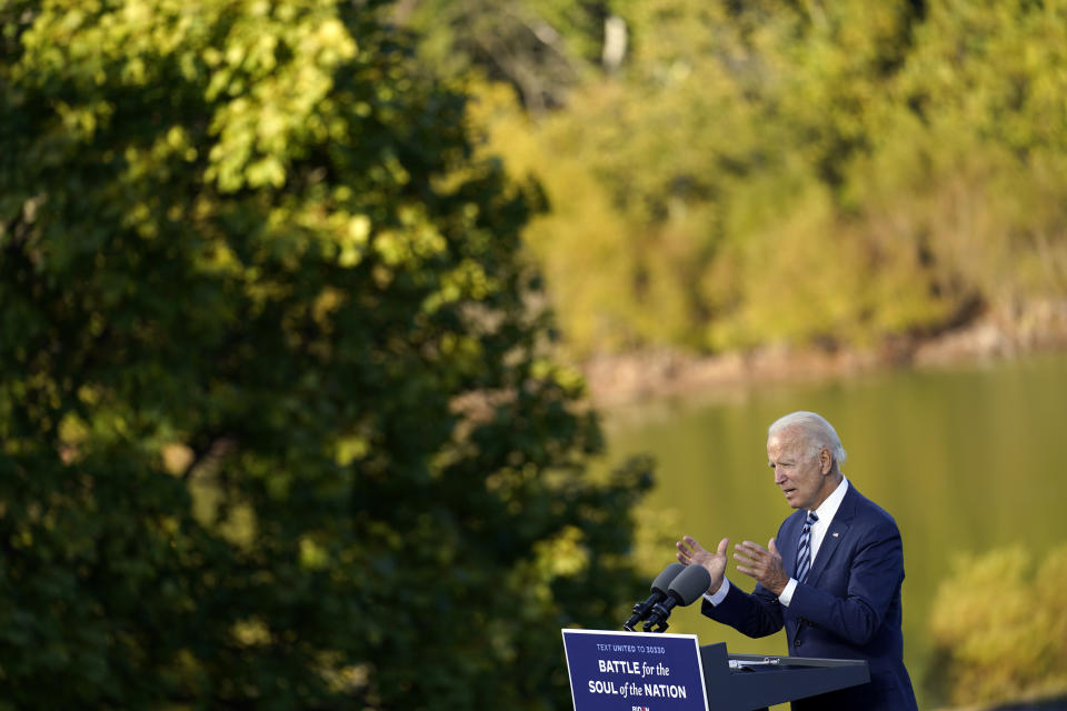 Democratic presidential candidate former Vice President Joe Biden speaks at Gettysburg National Military Park in Gettysburg, Pa., Tuesday, Oct. 6, 2020. (AP Photo/Andrew Harnik)