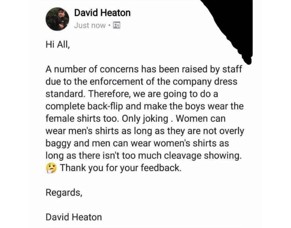 Chairman David Heaton notified staff the Amplifier bar would fo a “backflip” on enforcing female workers to wear the form-fitting shirts. Source: Jessica Williams / Facebook