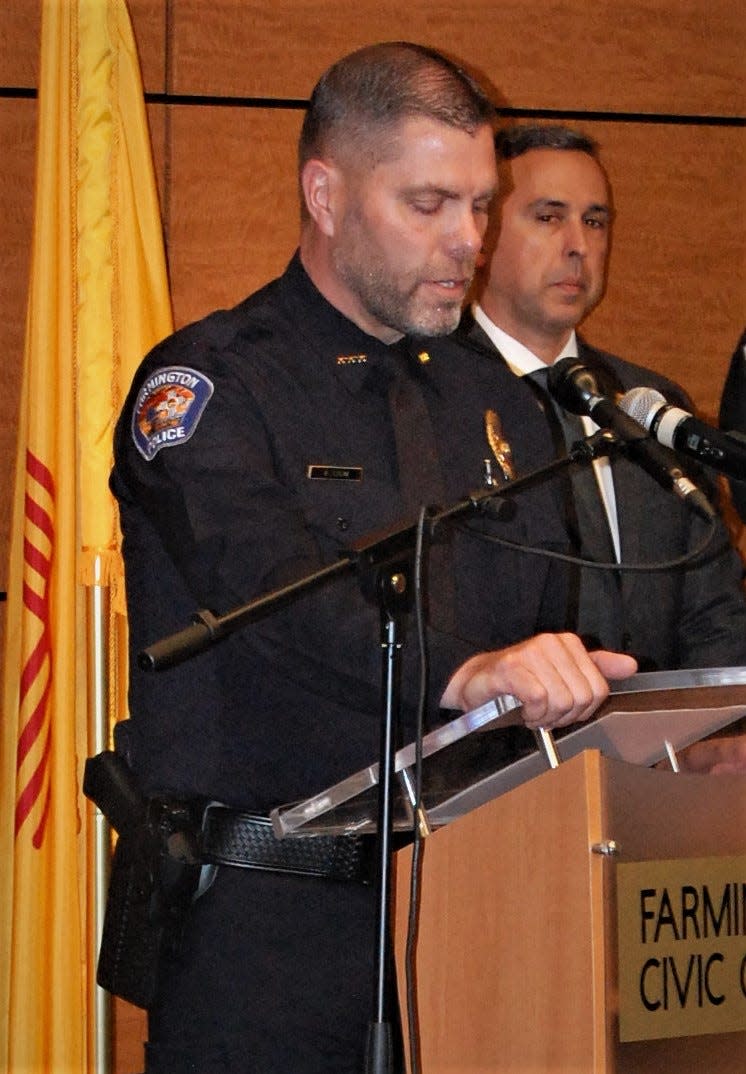 Deputy Chief Baric Crum of the Farmington Police Department addresses the media May 16, 2023, during a news conference at the Farmington Civic Center.