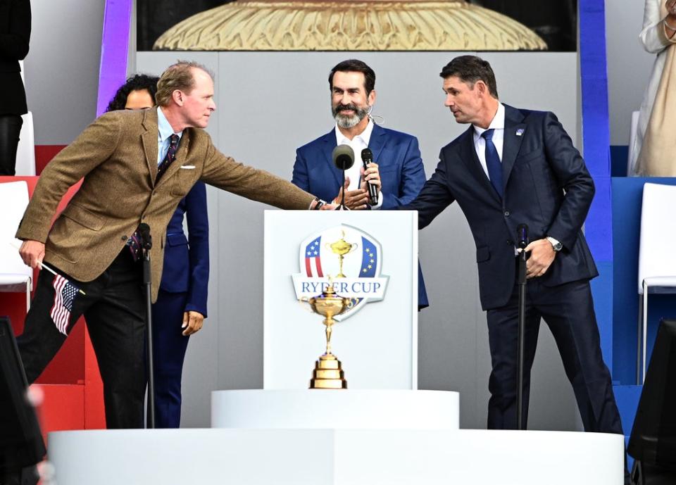 Team USA captain Steve Stricker (left) and Team Europe captain Padraig Harrington shake hands during the Opening Ceremony of the 43rd Ryder Cup at Whistling Straits, Wisconsin (Anthony Behar/PA) (PA Wire)