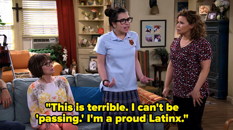 Elena saying to two women, "This is terrible; I can't be 'passing'; I'm a pround Latinx"