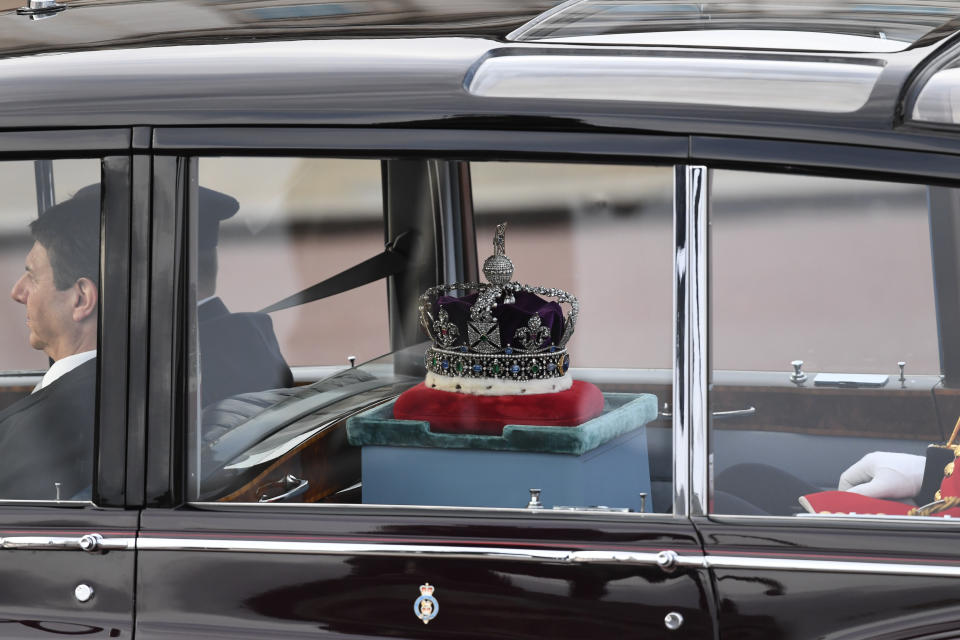 The Imperial State Crown is conveyed from the Palace of Westminster following the State Opening of Parliament by, in the House of Lords at the Palace of Westminster in London. PA Photo. Picture date: Thursday December 19, 2019. See PA story POLITICS Speech. Photo credit should read: Kirsty O'Connor/PA Wire
