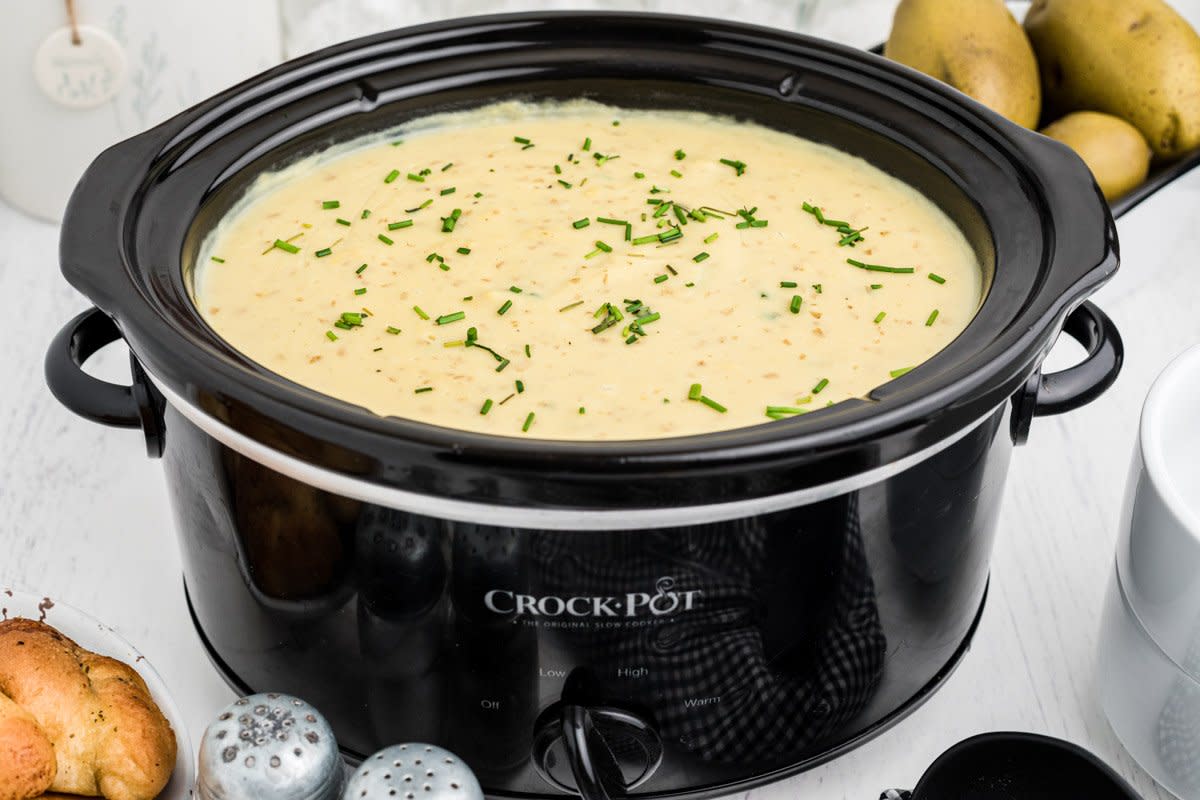 <p>The Magical Slow Cooker</p><p>Potatoes, leeks and heavy cream come together for a decadent soup!</p><p><strong>Get the Recipe: <a href="https://www.themagicalslowcooker.com/slow-cooker-potato-leek-soup/" rel="nofollow noopener" target="_blank" data-ylk="slk:Crock Pot Potato Leek Soup;elm:context_link;itc:0;sec:content-canvas" class="link rapid-noclick-resp">Crock Pot Potato Leek Soup</a></strong></p>