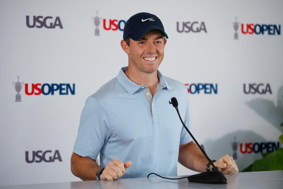 BROOKLINE, MASSACHUSETTS - JUNE 14: Rory McIlroy of Northern Ireland speaks to the media at a press conference during a practice round prior to the US Open at The Country Club on June 14, 2022 in Brookline, Massachusetts. (Photo by Cliff Hawkins/Getty Images)