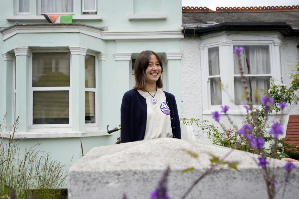 Resident Emma Jade Larsson speaks to the Associated Press in the Round Hill Ward in Brighton, East Sussex, England, Wednesday, June 12, 2024. (AP Photo/Kirsty Wigglesworth)