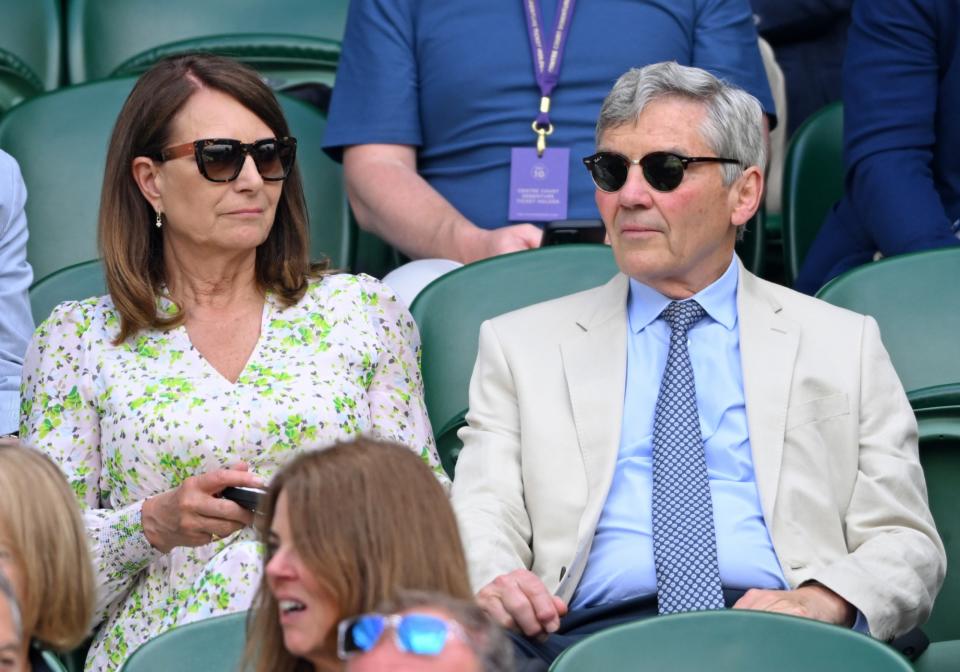 LONDON, ENGLAND - JULY 10: Carole Middleton and Michael Middleton attend day ten of the Wimbledon Tennis Championships at the All England Lawn Tennis and Croquet Club on July 10, 2024 in London, England. (Photo by Karwai Tang/WireImage)