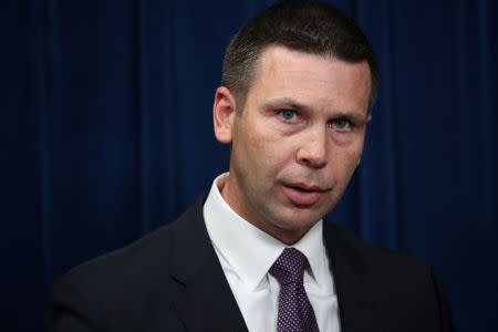 FILE PHOTO: U.S. Customs and Border Protection Commissioner Kevin McAleenan addresses a news conference on the Trump administration's plan to deploy U.S. military forces to the Southwest border at U.S. Customs & Border Protection headquarters in Washington, U.S., October 29, 2018. REUTERS/Jonathan Ernst