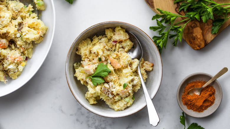 seafood potato salad in bowl