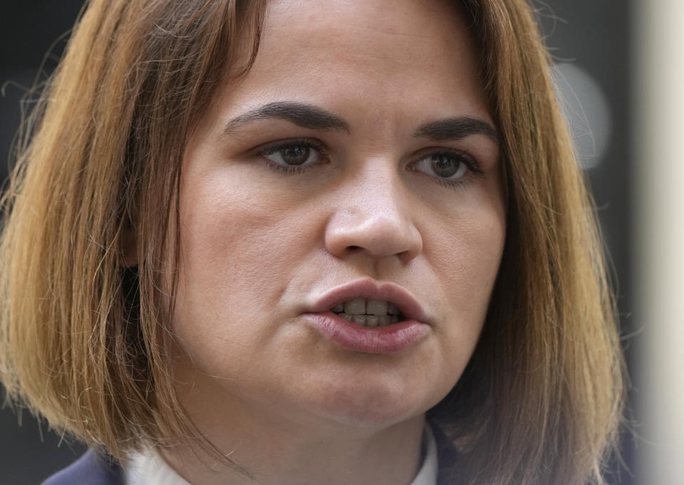 Belarus opposition leader Sviatlana Tsikhanouskaya speaks to the media outside 10 Downing Street after a meeting with the British Prime Minister Boris Johnson in London, Tuesday, Aug. 3, 2021. (AP Photo/Alastair Grant)