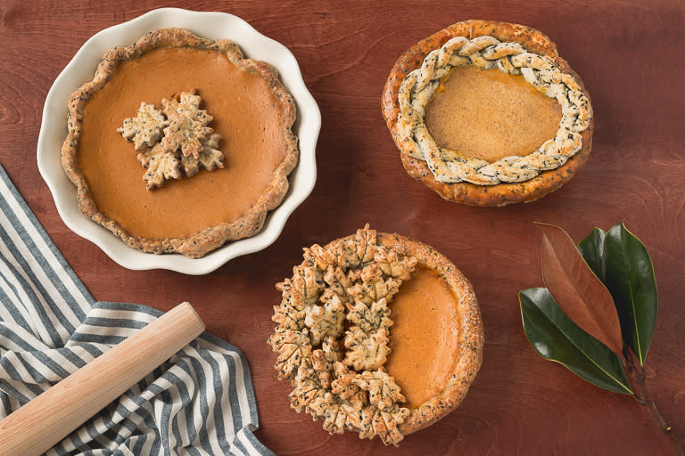 Bourbon pumpkin pie with black sesame seed crust